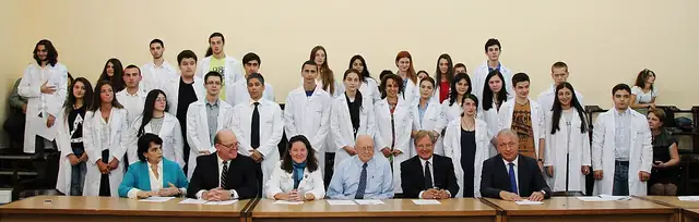 Medical students in white coats at Tbilisi State Medical University